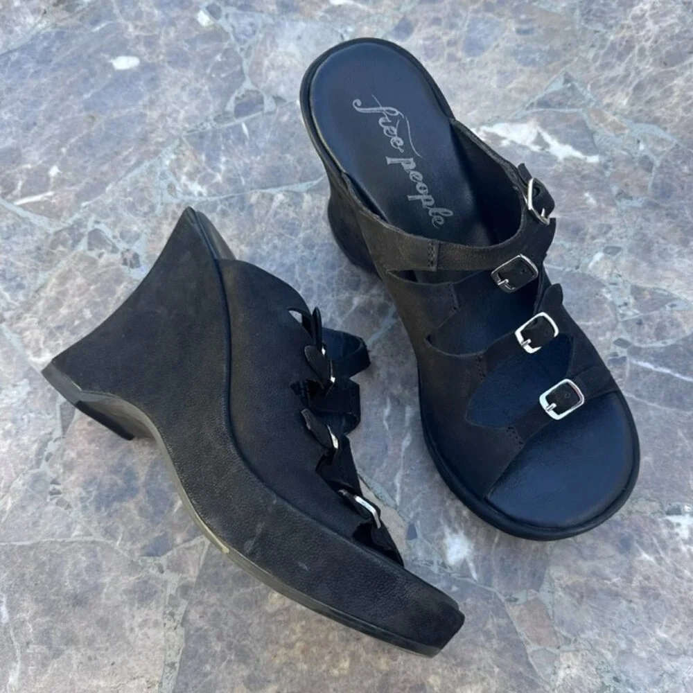 Free People Huffman Buckle Wedge Heels Goth Edgy Y2K - 6.5 / 37 - Picture 1 of 8